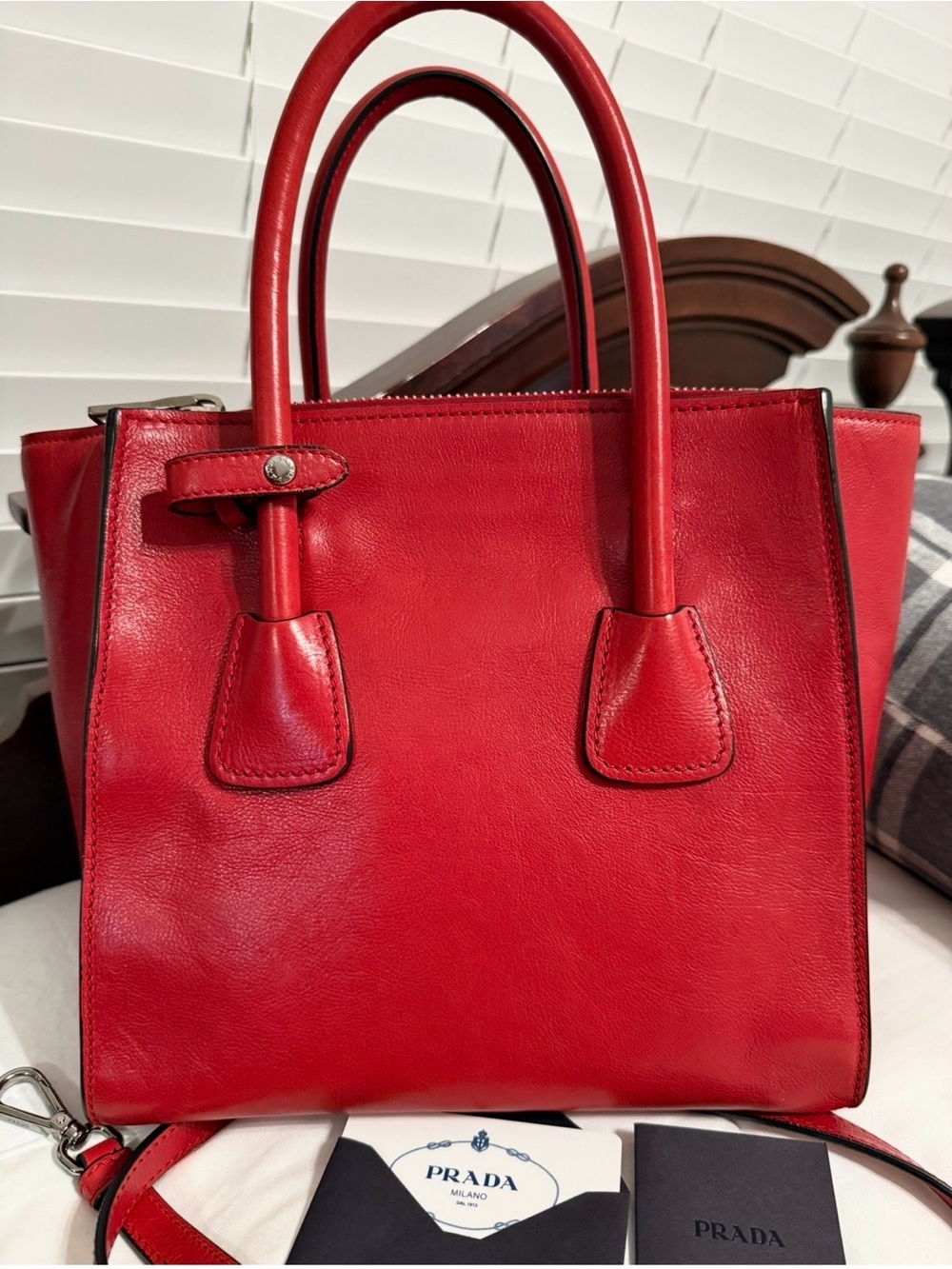 SALE Prada RARE AUTH LIKE NEWGlacé Calfskin Leather Twin Pocket Double HandleTo - Picture 3 of 16